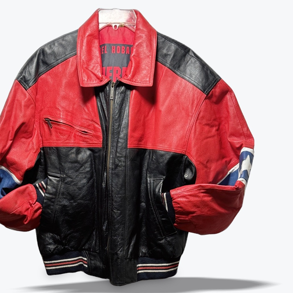 Michael Hoban Wheremi Leather Bomber Jacket Excelled USA Flag Red RARE Size L